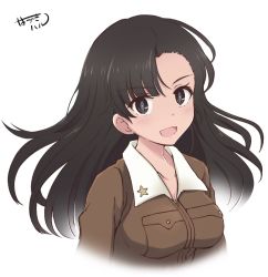 Rule 34 | 1girl, :d, artist name, asymmetrical bangs, black eyes, black hair, breasts, brown jacket, chi-hatan military uniform, collared shirt, cropped arms, cropped torso, facing viewer, girls und panzer, hazuki haru, highres, jacket, long hair, looking at viewer, nishi kinuyo, open mouth, portrait, shirt, simple background, small breasts, smile, solo, star (symbol), straight hair, upper body, white background, white shirt