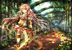 Rule 34 | 1girl, :o, alley, ankle boots, arch, blush, boots, breasts, brooch, brown dress, brown footwear, building, bush, center frills, dappled sunlight, dress, eyepatch, fingerless gloves, floating hair, flower, frills, gem, glass, gloves, glowing, glowing sword, glowing weapon, green eyes, highres, holding, holding sword, holding weapon, jewelry, knee pads, long hair, looking at viewer, original, outdoors, parted lips, pink hair, pink skirt, red flower, red rose, rose, rudia, skirt, solo, sunlight, sword, thigh strap, thighhighs, twintails, very long hair, walking, weapon, wind, window, zettai ryouiki