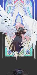 Rule 34 | 1girl, absurdres, arknights, barefoot, black capelet, black dress, capelet, closed eyes, commentary, dress, english commentary, feathered wings, floating, full body, halo, highres, indoors, lemuen (arknights), long hair, pink hair, pouch, solo, stained glass, wavy hair, wheelchair, white wings, window, wings, xity