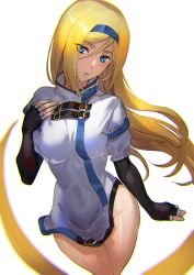 Rule 34 | 1girl, ashiomi masato, black gloves, blonde hair, blue eyes, blush, breasts, dress, fingerless gloves, gloves, groin, guilty gear, hair between eyes, hairband, long hair, looking at viewer, millia rage, parted lips, simple background, solo, very long hair, white background