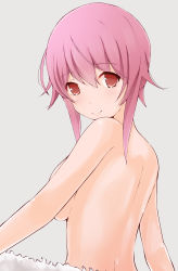 Rule 34 | 10s, 1girl, arykei, blush, breasts, chaos;child, from side, grey background, highres, looking at viewer, onoe serika, pink eyes, pink hair, short hair with long locks, smile, solo, topless, towel