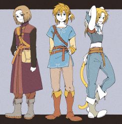 Rule 34 | 3boys, arms behind head, bare shoulders, belt, black sleeves, blonde hair, blue pants, blue ribbon, blue tunic, boots, brown footwear, brown hair, brown pants, cropped vest, dragon quest, dragon quest xi, final fantasy, final fantasy ix, frilled shirt collar, frills, gloves, grey footwear, grey gloves, grey vest, hair between eyes, hand on own hip, hero (dq11), highres, letterboxed, link, long coat, looking at viewer, low ponytail, male focus, medium hair, monkey tail, multiple belts, multiple boys, neck ribbon, nintendo, pants, parted bangs, parted lips, pointy ears, ribbon, shirt, short hair, short hair with long locks, sidelocks, sleeveless, sleeveless shirt, smile, standing, tail, tamagodamaco, the legend of zelda, the legend of zelda: breath of the wild, vest, white shirt, wrist cuffs, yellow shirt, zidane tribal