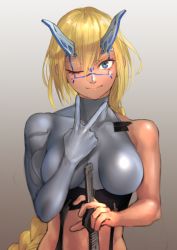 Rule 34 | 1girl, blonde hair, blue eyes, braid, breasts, closed mouth, gradient background, grey background, hand up, highres, holding, holding sword, holding weapon, horns, kilye kairi, large breasts, long hair, looking at viewer, mechanical horns, one eye closed, original, single braid, skin tight, smile, solo, sword, tan, upper body, v, weapon