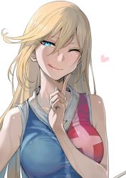Rule 34 | 10s, 1girl, ;q, bare shoulders, blonde hair, blue eyes, blush, breasts, closed mouth, collarbone, connie christensen, hair between eyes, half-closed eye, hanebado!, head tilt, heart, highres, index finger raised, large breasts, long hair, multicolored shirt, one eye closed, shirt, sidelocks, simple background, sleeveless, sleeveless shirt, smile, solo, sportswear, sweat, taut clothes, taut shirt, tennis uniform, tongue, tongue out, upper body, very long hair, walzrj, white background