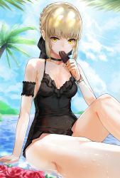 Rule 34 | 1girl, arm garter, artoria pendragon (all), artoria pendragon (alter swimsuit rider) (fate), artoria pendragon (fate), bare shoulders, beach, black dress, black ribbon, blonde hair, blue sky, bracelet, braid, breasts, choker, cleavage, collarbone, day, dress, eating, fate/grand order, fate (series), food, french braid, hair bun, hair ribbon, jewelry, kfr, looking at viewer, medium breasts, one-piece swimsuit, open mouth, popsicle, ribbon, saber alter, short dress, single hair bun, sitting, sky, solo, sunlight, swimsuit, thighs, water, yellow eyes