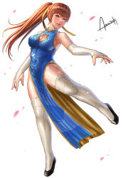 Rule 34 | 1girl, amasaki yusuke, artist name, brown eyes, brown hair, cherry blossoms, china dress, chinese clothes, cleavage cutout, clothing cutout, dead or alive, dead or alive 6, dress, highres, kasumi (doa), legs, ponytail, solo, standing, standing on one leg, tecmo, thighhighs, white background