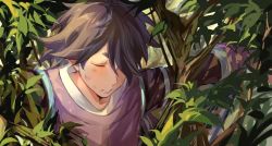 Rule 34 | 1boy, commentary request, closed eyes, fengxi (the legend of luoxiaohei), hair over one eye, leaf, long hair, long sleeves, parted lips, plant, purple hair, solo, luo xiaohei zhanji, upper body, xx--20