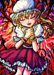 Rule 34 | 1girl, ascot, blonde hair, closed eyes, cowboy shot, dade ne, fangs, flandre scarlet, frilled skirt, frills, hair between eyes, hat, hat ribbon, head tilt, highres, long hair, mob cap, multicolored wings, one side up, open mouth, pointy ears, puffy short sleeves, puffy sleeves, red background, red ribbon, red skirt, red vest, ribbon, shirt, short sleeves, skirt, skirt set, sleeve ribbon, solo, teeth, touhou, upper teeth only, vest, white hat, white shirt, wings, yellow ascot