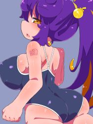 Rule 34 | 1girl, ass, back, bare arms, black one-piece swimsuit, bombergirl, breasts, brown eyes, clenched hand, colored inner hair, commentary request, grey background, hair bobbles, hair ornament, highres, katamari dragon, large breasts, long hair, looking at viewer, multicolored hair, one-piece swimsuit, open mouth, orange hair, plump, ponytail, prune (bombergirl), purple hair, shoulder blades, simple background, solo, standing, swimsuit, two-tone hair