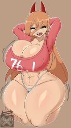 Rule 34 | 1girl, abs, absurdres, arms behind head, artist name, ass, blonde hair, breasts, cameltoe, chainsaw man, cleavage, cleft of venus, clothes writing, collarbone, cross samax, curvy, demon girl, demon horns, devil girl, highres, horns, huge ass, huge breasts, long hair, long sleeves, looking at viewer, motion lines, navel, no pants, open mouth, panties, pink shirt, power (chainsaw man), sharp teeth, shirt, simple background, smile, solo, stomach, symbol-shaped pupils, teeth, thick thighs, thighs, thong, underwear, unusual pupils, white panties, wide hips, yellow eyes