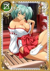 Rule 34 | 00s, 1girl, artist request, breasts, card (medium), cleavage, green eyes, green hair, ikkitousen, ikkitousen great guardians, japanese clothes, kimono, large breasts, miko, official art, ryofu housen, solo, tabi, trading card, twintails
