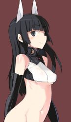 Rule 34 | 1girl, anabuki tomoko, animal ears, bare shoulders, black eyes, black hair, blush, bottomless, breasts, elbow gloves, gloves, long hair, looking at viewer, navel, shimada fumikane, simple background, small breasts, smile, solo, strike witches, strike witches: suomus misfits squadron, world witches series