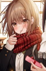 Rule 34 | 2girls, absurdres, black jacket, blazer, blurry, blurry background, blush, box, box of chocolates, brown eyes, brown hair, cardigan, classroom, commentary request, dress shirt, gift, green necktie, hair between eyes, highres, indoors, jacket, kuro namako, long sleeves, looking at viewer, lower teeth only, medium hair, multiple girls, necktie, original, parted lips, plaid, plaid scarf, red scarf, scarf, school uniform, shirt, sidelocks, solo focus, tearing up, teeth, upper body, valentine, white cardigan, white scarf, white shirt