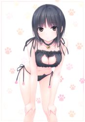 Rule 34 | 1girl, absurdres, aoyama sumika, bare legs, bare shoulders, bell, bent over, black hair, black neckwear, black panties, black ribbon, bra, breasts, brown eyes, cat cutout, cat ear panties, cat lingerie, choker, cleavage, cleavage cutout, closed mouth, clothing cutout, coffee-kizoku, collarbone, foreshortening, frilled bra, frills, hands on own knees, highres, jingle bell, looking at viewer, medium breasts, meme attire, navel, neck bell, original, panties, paw print, paw print background, ribbon, scan, short hair, side-tie panties, solo, stomach, underwear