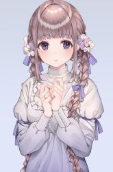 Rule 34 | 1girl, blue background, blunt bangs, braid, breasts, dress, flower, flower in eye, hair flower, hair ornament, hair over shoulder, hair ribbon, highres, jewelry, juliet sleeves, long hair, long sleeves, looking at viewer, original, parted lips, puffy sleeves, purple eyes, purple ribbon, ribbon, ring, sidelocks, simple background, solo, symbol in eye, tress ribbon, twin braids, twintails, upper body, usamochi., w arms, white dress