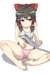 Rule 34 | 1girl, arm support, bare legs, barefoot, blush, bow, cameltoe, hair bow, hair tubes, hakurei reimu, highres, indian style, navel, ochazuke, panties, pink panties, polka dot, polka dot panties, red eyes, short hair, sidelocks, simple background, sitting, solo, tank top, touhou, underwear, underwear only, white background