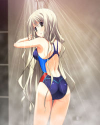 Rule 34 | 00s, 1girl, 5pb., armpits, ass, back, bare shoulders, blonde hair, chaos;head, chaos;head love chu chu!, competition swimsuit, highres, kusunoki yua, long hair, looking at viewer, looking back, matsuo yukihiro, nitroplus, official art, one-piece swimsuit, open mouth, showering, solo, standing, swimsuit, very long hair, yellow eyes