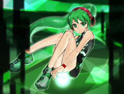 Rule 34 | 1girl, android, bare shoulders, bodysuit, charu (saru getchu), closed mouth, cyberspace, full body, green eyes, green hair, headphones, highres, kei9969, long hair, looking at viewer, ponytail, saru getchu, solo