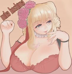 Rule 34 | 1girl, blonde hair, breasts, cleavage, hoshima mika, huge breasts, jewelry, long hair, necklace, purple eyes, rose, smile, solo, upper body