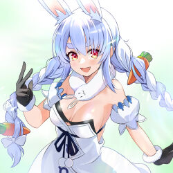 Rule 34 | 1girl, animal ears, black gloves, blaze (blazeillust), blue hair, braid, breasts, carrot hair ornament, commentary request, detached sleeves, dress, food-themed hair ornament, fur-trimmed gloves, fur scarf, fur trim, gloves, hair ornament, highres, hololive, long hair, looking at viewer, low twin braids, low twintails, medium breasts, multicolored hair, open mouth, partial commentary, puffy detached sleeves, puffy sleeves, rabbit ears, rabbit girl, red eyes, short dress, smile, solo, standing, strapless, strapless dress, thick eyebrows, twin braids, twintails, two-tone hair, usada pekora, usada pekora (1st costume), virtual youtuber, white dress, white hair