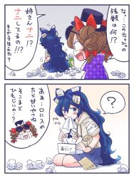 Rule 34 | 2girls, 2koma, ?, bangle, black hat, bloomers, blue eyes, blue hair, blue skirt, bow, bracelet, brown hair, comic, crying, drawstring, drill hair, eating, eyewear on head, hair bow, hat, hat bow, hood, hoodie, itatatata, jewelry, long hair, mg mg, miniskirt, multiple girls, open mouth, red bow, see-through, seiza, siblings, sisters, sitting, skirt, smile, sunglasses, tissue, tissue box, top hat, touhou, translation request, twin drills, underwear, very long hair, white bow, yorigami jo&#039;on, yorigami shion