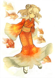 Rule 34 | 1girl, blonde hair, fish, goldfish, hair ornament, japanese clothes, kimono, long hair, original, personification, red eyes, sandals, scales, sleeves past wrists, solo, tabi, won (toufunokado)
