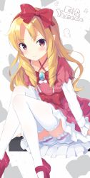 Rule 34 | 10s, 1girl, :t, blonde hair, blush, bow, brown eyes, character name, commentary request, dress, drill hair, eromanga sensei, hair bow, hairband, highres, lolita fashion, long hair, looking at viewer, mimura zaja, pointy ears, red bow, ribbon, sitting, solo, thighhighs, twin drills, white thighhighs, yamada elf