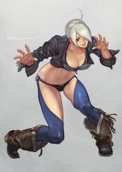 Rule 34 | absurdres, ahoge, angel (kof), bikini, bikini bottom only, boots, bra, breasts, chaps, cleavage, collarbone, cowboy boots, cropped jacket, hair over one eye, highres, jacket, large breasts, leather, leather jacket, looking at viewer, mexico, navel, panties, simple background, snk, solo, stn sentan, strapless, strapless bra, swimsuit, the king of fighters, the king of fighters 2001, the king of fighters xiv, toned, underwear
