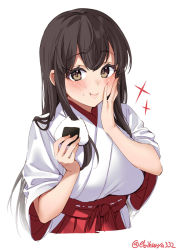 Rule 34 | 1girl, akagi (kancolle), blush, breasts, brown eyes, brown hair, eating, ebifurya, food, hair between eyes, hakama, hakama short skirt, hakama skirt, hand on own face, highres, holding, holding food, japanese clothes, kantai collection, kimono, large breasts, lips, long hair, long sleeves, looking at viewer, nontraditional miko, one-hour drawing challenge, onigiri, red hakama, red skirt, rice, simple background, skirt, solo, sparkle, sparkling eyes, straight hair, twitter username, upper body, white background, white kimono, wide sleeves