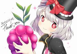 Rule 34 | 1girl, blush, closed mouth, food, from side, fruit, grapes, grey hair, hat, holding, holding food, holding fruit, looking at viewer, original, red eyes, short hair, simple background, smile, solo, sparkle, suzuki moeko, tareme, thank you, top hat, white background, yagasuri