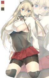 Rule 34 | 1girl, bike shorts, bismarck (kancolle), blonde hair, blue eyes, blush, breasts, color guide, cosplay, cropped legs, covered erect nipples, female focus, hair ornament, heigani, kantai collection, large breasts, long hair, microskirt, pleated skirt, red skirt, sideboob, skirt, smile, solo, taihou (kancolle) (cosplay), taihou (kancolle), thighhighs, zoom layer