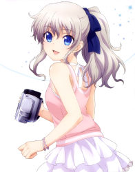 Rule 34 | 10s, 1girl, :d, absurdres, blue eyes, bracelet, camcorder, casual, charlotte (anime), frilled skirt, frills, highres, jewelry, looking back, non-web source, official art, open mouth, side ponytail, simple background, skirt, smile, solo, tomori nao, video camera