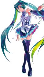 Rule 34 | 1girl, aqua hair, blue eyes, boots, crossed legs, female focus, green hair, hatsune miku, hatsune miku (vocaloid3), headphones, headset, highres, long hair, multicolored hair, nail polish, necktie, official art, outstretched arm, see-through, simple background, skirt, smile, solo, standing, thigh boots, thighhighs, twintails, very long hair, vocaloid, white background, zain, zettai ryouiki