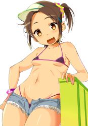 Rule 34 | 1girl, bare shoulders, bikini, bikini under clothes, breasts, brown hair, child, collarbone, crop top, denim, denim shorts, fang, female focus, green eyes, looking at viewer, looking down, navel, nazononiku, open mouth, original, polka dot, polka dot scrunchie, ponytail, scrunchie, short shorts, shorts, simple background, small breasts, solo, standing, swimsuit, visor cap, white background
