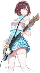 Rule 34 | 1girl, bare shoulders, bass guitar, blue shirt, blue skirt, breasts, brown hair, closed mouth, covered navel, crop top, crop top overhang, expressionless, frilled skirt, frills, greatmosu, hair ornament, hairclip, highres, higuchi madoka, holding, idolmaster, idolmaster shiny colors, instrument, looking away, miniskirt, mole, mole under eye, off-shoulder shirt, off shoulder, purple eyes, shirt, short hair, short sleeves, simple background, skirt, sleeveless, sleeveless shirt, sleeveless turtleneck, small breasts, solo, standing, strap, thighhighs, turtleneck, undershirt, white background, white shirt, white thighhighs, zettai ryouiki