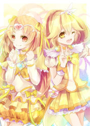 Rule 34 | 10s, 2girls, bad id, bad pixiv id, blonde hair, bow, brown eyes, bubble skirt, choker, circlet, color connection, cure muse, cure muse (yellow), cure peace, dress, eyelashes, frills, hair flaps, hair ribbon, heart, kise yayoi, long hair, magical girl, multiple girls, one eye closed, orange hair, precure, ribbon, shain roki, shirabe ako, skirt, smile, smile precure!, suite precure, v, wide ponytail, wink, yellow bow, yellow dress, yellow eyes, yellow skirt, yellow theme