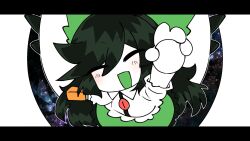 Rule 34 | 1girl, arm cannon, arm up, black hair, blush, bow, cape, cowboy shot, egg, facing up, facing viewer, from above, green bow, green skirt, hair bow, highres, holding, holding egg, letterboxed, long hair, open mouth, parody, print cape, priswocaer, reiuji utsuho, shirt, short sleeves, simple background, skirt, smile, solo, space print, starry sky print, third eye, third eye on chest, touhou, weapon, white background, white cape, white shirt, wings, yudetamago yudemasu!!!! (utau)