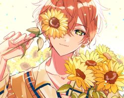 Rule 34 | 1boy, closed mouth, commentary, earrings, fingernails, flower, gg suyari, green eyes, hair between eyes, holding, holding flower, jewelry, leaf, long sleeves, looking at viewer, male focus, official alternate costume, one eye covered, orange hair, project sekai, sailor collar, shinonome akito, short hair, solo, sunflower, sunflower earring, symbol-only commentary, the vivid old tale (project sekai)