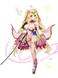 Rule 34 | 1girl, ahoge, armor, armpit crease, asymmetrical legwear, bare shoulders, blonde hair, blue eyes, blue nails, blush, breasts, brooch, bug, bustier, butterfly, cleavage, closed mouth, clothing cutout, crossed legs, detached collar, dress, floral print, flower, frills, full body, glowing butterfly, gold, groin, hair flower, hair ornament, halterneck, headdress, highleg, highres, insect, jewelry, katana, large breasts, layered skirt, leotard, long hair, looking at viewer, nail polish, navel, navel cutout, original, petals, pink leotard, pink socks, plate armor, platform footwear, revealing clothes, sandals, showgirl skirt, sidelocks, simple background, single sock, single thighhigh, skirt, smile, socks, solaris (sinhyg), solo, sword, thighhighs, thighlet, twintails, uneven legwear, very long hair, watson cross, weapon, white background, wide sleeves