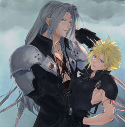 Rule 34 | 2boys, arm around waist, arm ribbon, armor, bangle, black coat, black gloves, black skirt, blonde hair, blood, blood from mouth, blue eyes, bracelet, chest strap, closed mouth, cloud, cloud strife, cloudy sky, coat, dirty, dirty face, final fantasy, final fantasy vii, final fantasy vii advent children, gloves, grey eyes, grey hair, hair between eyes, highres, holding hands, jewelry, long bangs, long coat, long hair, long sleeves, looking at another, male focus, multiple boys, nikuram f, parted bangs, parted lips, pink ribbon, popped collar, ribbon, sephiroth, shirt, short hair, shoulder armor, single shoulder pad, skirt, sky, sleeveless, sleeveless shirt, slit pupils, smile, spiked hair, upper body, yaoi