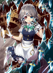 Rule 34 | 1girl, apron, between fingers, black thighhighs, blue dress, blue eyes, bow, bowtie, braid, breasts, buttons, chain, clock hands, collared shirt, cowboy shot, dagger, dress, frills, gears, glass shards, gloves, glowing, green bow, green bowtie, grin, hair bow, heterochromia, holding, holding weapon, izayoi sakuya, knife, kozakura (dictionary), long hair, looking at viewer, maid, maid apron, maid headdress, medium breasts, pinafore dress, pocket watch, pointer, red eyes, shirt, sleeveless dress, smile, solo, standing, teeth, thighhighs, touhou, twin braids, waist apron, watch, weapon, white apron, white gloves, white shirt, wing collar, zettai ryouiki