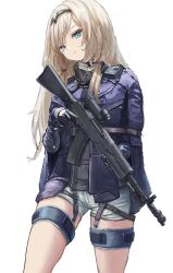 Rule 34 | 1girl, an-94, an-94 (girls&#039; frontline), assault rifle, black gloves, black jacket, blue eyes, chest rig, closed mouth, denim, denim shorts, girls&#039; frontline, gloves, grey hair, gun, hairband, head tilt, highres, holding, holding gun, holding weapon, jacket, long hair, long sleeves, looking at viewer, mask, open clothes, open jacket, reflex sight, rifle, short shorts, shorts, sidelocks, simple background, solo, tactical clothes, tagoroku123, thigh strap, weapon, white background, white shorts