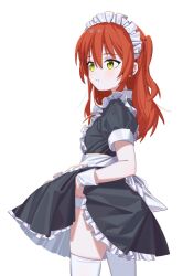 Rule 34 | 1girl, apron, bocchi the rock!, commentary request, frilled apron, frilled skirt, frills, green eyes, highres, kita ikuyo, long hair, maid, maid headdress, one side up, panties, puffy short sleeves, puffy sleeves, red hair, ryuuforkaf, short sleeves, skindentation, skirt, solo, thighhighs, underwear, white apron, white background, white panties, white thighhighs