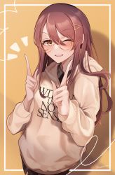 Rule 34 | 1girl, absurdres, blush, brown hair, commentary request, cowboy shot, english text, glasses, hair between eyes, hands up, highres, hood, hoodie, idolmaster, idolmaster shiny colors, long hair, looking at viewer, odecono3, one eye closed, open mouth, osaki tenka, plaid, plaid shirt, pointing, round eyewear, shirt, simple background, smile, solo, yellow eyes