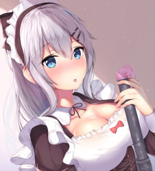 Rule 34 | 1girl, 9a-91 (girls&#039; frontline), alternate costume, blue eyes, blush, bow, breasts, brown bow, brown dress, brown ribbon, cleavage, collarbone, commentary request, cross-laced clothes, dress, dutch angle, enmaided, fingernails, girls&#039; frontline, grey hair, hair between eyes, hair bow, hair ornament, hairclip, hand up, highres, houraku, large breasts, long hair, long sleeves, looking at viewer, maid, maid headdress, nail polish, neck ribbon, nose blush, parted lips, pink nails, puffy short sleeves, puffy sleeves, ribbon, short sleeves, solo, upper body
