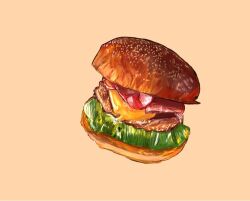 Rule 34 | bread, burger, cheese, food, food focus, grey background, lettuce, meat, mofumofu0311, no humans, original, sesame seeds, simple background