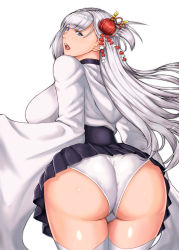 Rule 34 | 1girl, artist request, ass, azur lane, blue eyes, blush, breasts, from behind, hair ornament, highres, hip focus, huge ass, japanese clothes, large breasts, long hair, looking at viewer, open mouth, panties, shiny skin, shoukaku (azur lane), side ponytail, sideboob, silver hair, skirt, solo, tears, thick thighs, thighhighs, thighs, underwear, very long hair, wide hips
