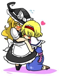 Rule 34 | 2girls, alice margatroid, apron, bad id, bad pixiv id, blush, bow, capelet, cross-laced footwear, closed eyes, female focus, hairband, hat, hat bow, heart, kirisame marisa, long hair, multiple girls, open mouth, reio, sash, short hair, short sleeves, touhou, white background, witch hat, yellow eyes