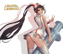 Rule 34 | 1girl, akali, ass, breasts, copyright name, covered erect nipples, cowboy shot, fingernails, from behind, green eyes, hair ornament, hair tie, hat, hayanpool, highres, image sample, large breasts, league of legends, long fingernails, long hair, looking at viewer, looking back, low-tied long hair, no panties, nurse, nurse akali, nurse cap, ponytail, smile, solo, thighhighs, v, very long hair, white thighhighs