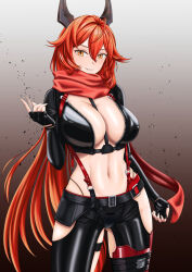 Rule 34 | 1girl, absurdres, black gloves, black pants, breasts, cleavage, commentary, cowboy shot, cropped jacket, crotch plate, fingerless gloves, gloves, gluteal fold, goddess of victory: nikke, hair between eyes, hand up, highleg, highleg panties, highres, hip vent, horns, jacket, large breasts, leather, leather jacket, leather pants, long hair, looking at viewer, mechanical horns, midriff, navel, orange eyes, panties, pants, parted lips, ramiki (ramesgoag), red hair, red hood (nikke), red scarf, scarf, sidelocks, smile, solo, standing, underwear, unzipped, zipper